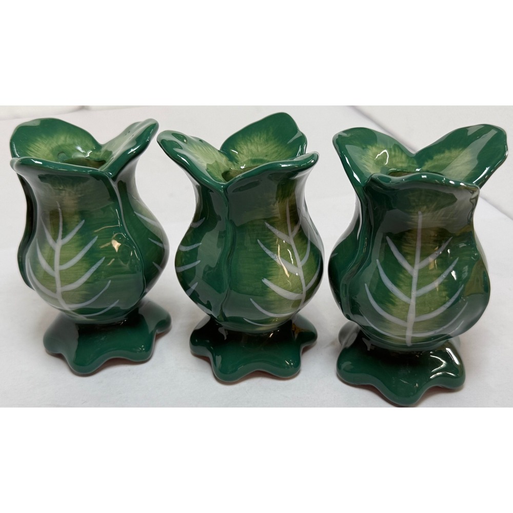 Green Cabbage Leaf Ceramic Taper Candle Holder Set of 3‎ - Picture 3 of 13